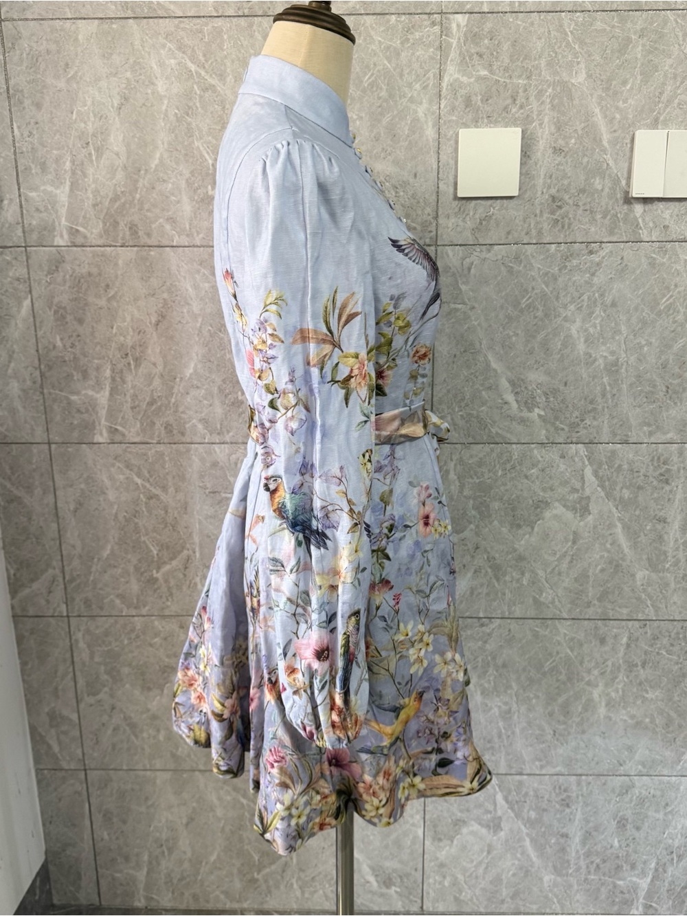 Zimmermann Powder Blue Floral & Bird Tie-Waist Mini Dress - Picture 3 of 11